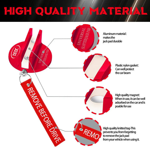 Diagram of Universal Pinch Weld Jack Pad Set, 2 Magnetic Aluminum Pucks For Frame Rail Protector, includes features and materials