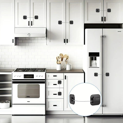 Kid Safe Fridge Lock With Keyless Combination, Heavy Duty Refrigerator Door Lock for cabinets, adhesive mount in kitchen