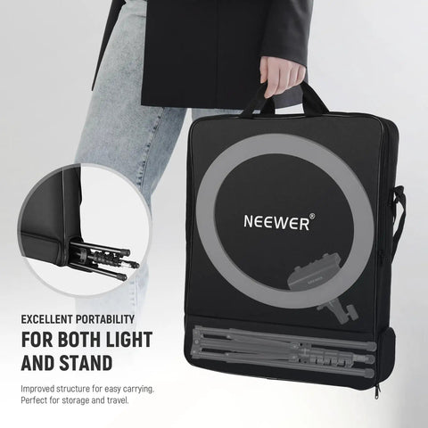 18 Inch Ultra Thin Ring Light With Tripod Stand And Phone Holder For iPhone shown in black carry case for portability