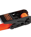 Top Shelf Ratchet Tie Down Straps 1 Inch By 10 Feet 4 Pack No Sweat Truck Cargo Lashing Kit, black and orange ratchet mechanism close-up.