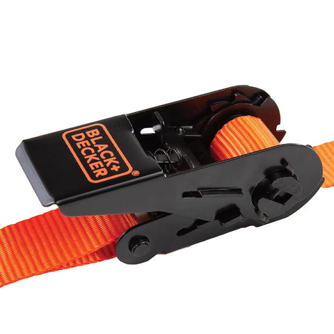 Top Shelf Ratchet Tie Down Straps 1 Inch By 10 Feet 4 Pack No Sweat Truck Cargo Lashing Kit, black and orange ratchet mechanism close-up.