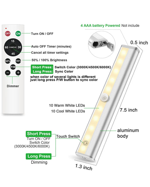Under Cabinet Lighting Kit With 20 LED Stick On Lights, remote control, dimmable brightness, aluminum body, touch switch.