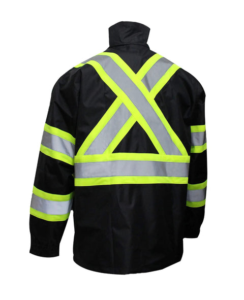 Back view of TBK66 Class 3 Rain Suit Jacket with Hi Vis Reflective X Pattern, Black Bottom, ANSI ISEA 107 2028 Certified
