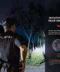 Officer using 2800 Lumen Tactical Flashlight With Dual Rear Switches, illuminating a dark forest area, USB C Rechargeable