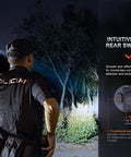 Person demonstrating PD36R Pro Dual Battery Bundle 2800 Lumen USB C Rechargeable Tactical Flashlight with intuitive dual rear switches