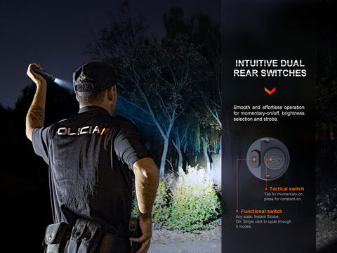 Person demonstrating PD36R Pro Dual Battery Bundle 2800 Lumen USB C Rechargeable Tactical Flashlight with intuitive dual rear switches