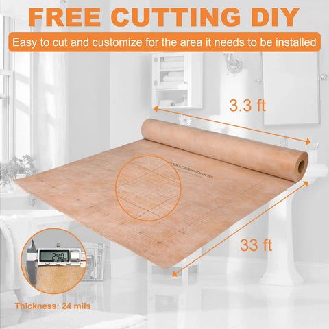 Rock Solid Waterproof Membrane 108 Square Feet With Pre Marked Grid Design And 24 Mil Premium Thick Build For Wet Areas shown rolled out, 3.3 ft wide, on a bathroom floor.