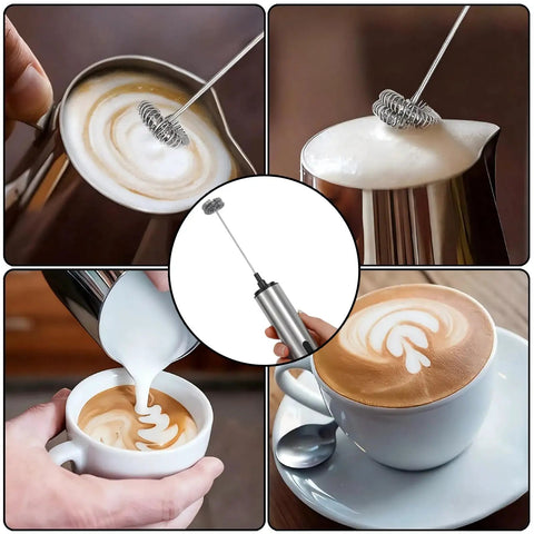 Rechargeable Milk Frother Wand With Three Independent Speeds And Five Attachments For Coffee Lattes Matcha And More Handheld Electric Whisk In Stainless Steel Perfect Gift For Kitchen Essentials And At Home Barista Vibes foaming milk and creating latte art.