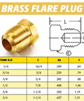 Brass SAE 45 Degree Flare Plug And Cap Set diagram and specifications for tube sizes 1/4 to 3/4 inch OD.