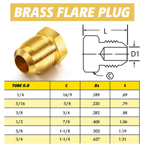 Brass SAE 45 Degree Flare Plug And Cap Set diagram and specifications for tube sizes 1/4 to 3/4 inch OD.