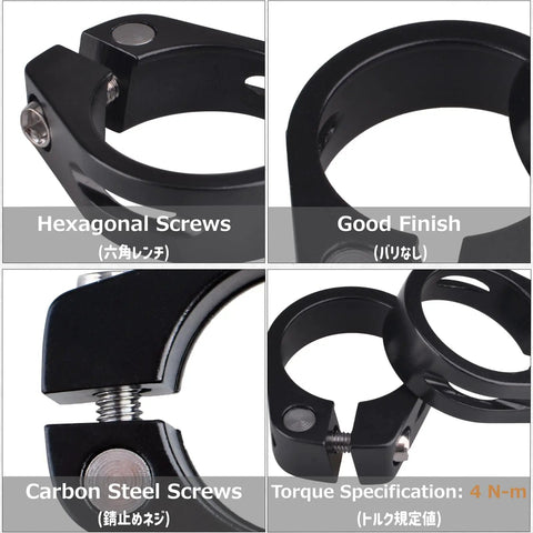 Close-up of Lightweight Aluminum Quick Release Seat Post Clamp with hexagonal screws for mountain, road, BMX, track bikes.