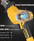 Side view of a yellow cordless reciprocating saw with black handle; cutaway inner motor visible, 150W, 0-3500 SPM