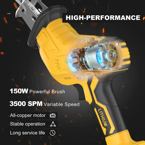 Side view of a yellow cordless reciprocating saw with black handle; cutaway inner motor visible, 150W, 0-3500 SPM