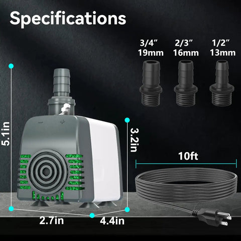 Kickin Efficiency Submersible Water Pump 880 GPH with 10 ft cord, dimensions 5.1x4.4x3.2 inches, fittings, and cord displayed.