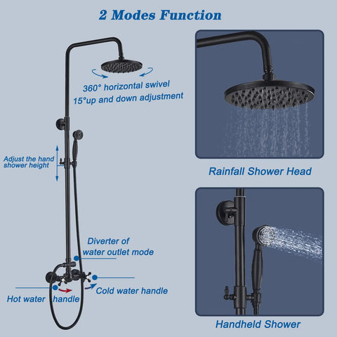 Matte Black Shower Faucet Set With 8 Inch Rainfall Shower Head And Handheld Spray, Luxury Dual Function Shower System