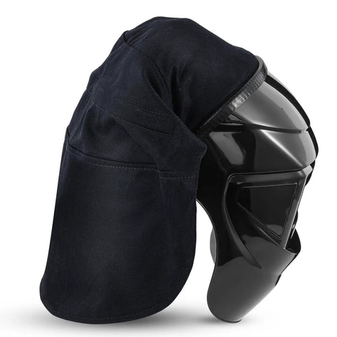Pro Grade All in One Welding Helmet Cover With Cotton Bib And Extended Head And Neck Protection Press Fit Seal Hood Black side view