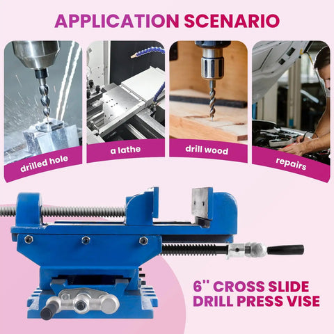 Built Like A Tank 6 Inch Cross Slide Drill Press Vise Heavy Duty Cast Iron 2 Way X Y Bench Vise shown in various applications.