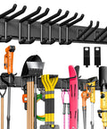 Heavy Duty Wall Mounted Tool Organizer For Garage, 48 Inch Metal Rack With 3 Rails And 6 Adjustable Hooks holding various tools