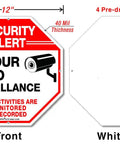 Front and back view of Tough As Nails Security Signs Octagon 12 By 12 Inch Aluminum Sign 40 Mil Thick Reflective For Home And Business CCTV Video Surveillance UV Protected And Waterproof 4 Pack