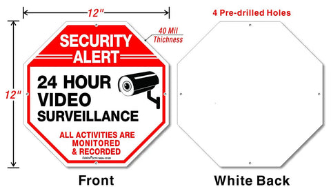 Front and back view of Tough As Nails Security Signs Octagon 12 By 12 Inch Aluminum Sign 40 Mil Thick Reflective For Home And Business CCTV Video Surveillance UV Protected And Waterproof 4 Pack