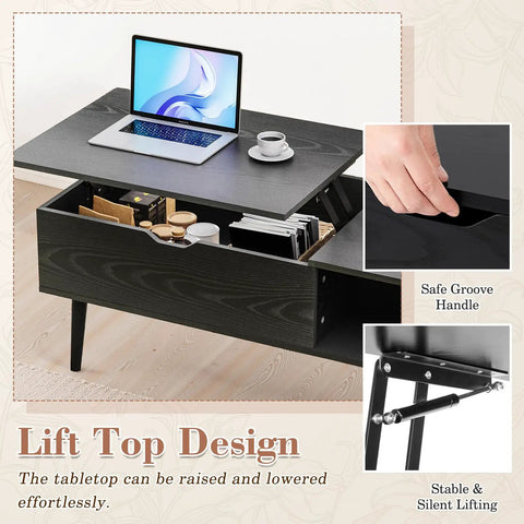 Wood Lift Top Coffee Table With Hidden Compartment And Large Storage Shelf Elevates To Dining Or Desk Height For Living Room And Home Office Slick Black Finish with open storage and laptop.