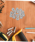 Check Out This Sosoport 15 Piece Chainsaw Guide Bar Nut Kit And Rivnut Tool For Serious Maintenance Jobs Plus Easy Installation For Secure Bar Stability On Any Cutting Task silver nuts on wood