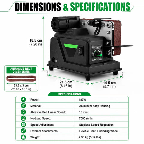 Compact Mini Bench Belt Sander With 10m/s High Speed For Multi Material Finishing, dimensions and specifications chart.