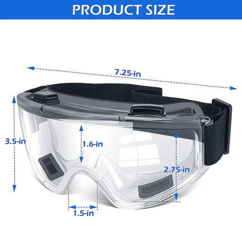 6 Pack Safety Goggles Set ANSI Z87.1 Anti Fog Eye Protection showcasing size dimensions and adjustable strap