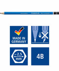 Mars Lumograph 4B Graphite Pencil For Art And Drawing, shown with icons indicating made in Germany, 2.5mm lead, 4B hardness.