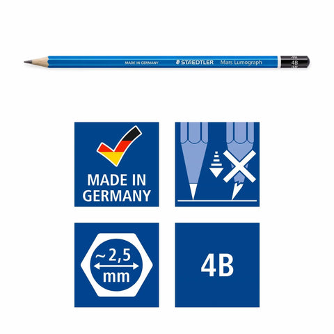 Mars Lumograph 4B Graphite Pencil For Art And Drawing, shown with icons indicating made in Germany, 2.5mm lead, 4B hardness.