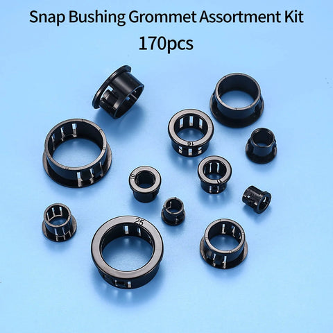 170 Pcs Black Round Nylon Cable Snap Grommets Set Durable PA66 Material Snap In Grommet Protectors Assorted Sizes Display