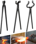 V Bit Blade Tongs Set for Knife Making And Bladesmithing, Flat And Assembled Forge Tongs, 3 Piece Kit in use with hot metal
