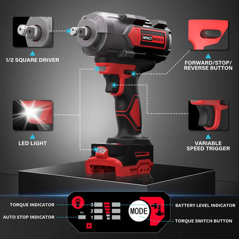 Built Tough Half Inch Cordless Impact Wrench Delivers Serious Grunt For Auto Work Compatible With Milwaukee 18V Batteries features LED light and variable speed trigger.