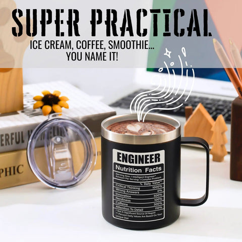 Engineer Gifts For Men Funny Engineering Coffee Mug with handle and nutrition facts design on desk with decor