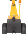 Heavy Duty Electric Powered Tugger With 5k Capacity Is Total Gas For Moving Heavy Trailers And Carts At Airports, rear view showing controls and wheels.