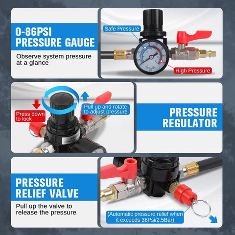 Turbo Boost Leak Tester Kit front view with pressure gauge, blue panel, and red lever
Turbo Boost Leak Tester Kit side view showing regulator knob and brass fittings
Turbo Boost Leak Tester Kit close-up of pressure relief valve with red quick-connect
Turbo Boost Leak Tester Kit with four pairs of stepped adapters 1-3/8 to 3-1/2 in US/EU fittings