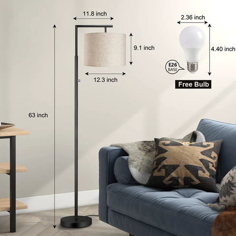 Dimmable Tall Pole Floor Lamp With 4 Color Temperatures, Remote Control, Beige Shade, LED Bulb Included, Black, beside a sofa