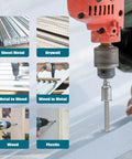 Self Drilling Screws Assortment Kit In 410 Stainless Steel, 370 pieces, hex washer head screws demonstrating drilling into materials.