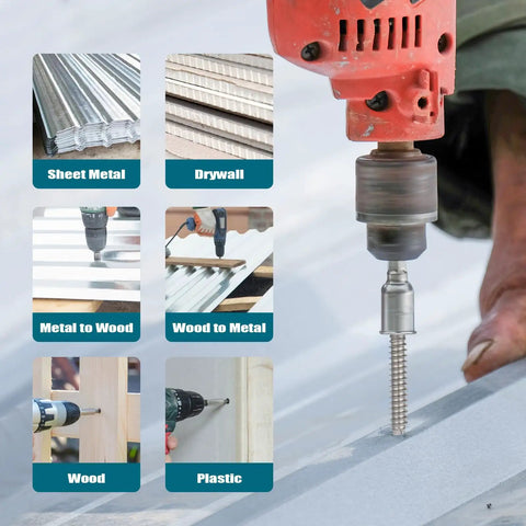 Self Drilling Screws Assortment Kit In 410 Stainless Steel, 370 pieces, hex washer head screws demonstrating drilling into materials.