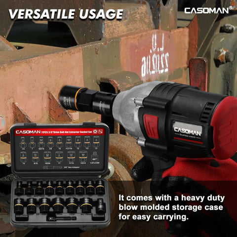 17-Piece 3/8 Inch Drive Bolt Extraction Socket Set For Stripped Damaged Rusted Frozen Studs Bolts Nuts And Screws In CR-MO Steel With Black Oxide Finish Heavy Duty Impact Ready For Stubborn Fasteners shown in use with a power tool on rusty metal surface.
