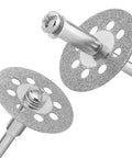 Diamond cutting discs, 22 mm diameter, mounted on 3 mm mandrels for rotary tools; two discs shown.