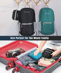 Ultra Lightweight 20L Packable Hiking Backpack For Men And Women, Black and green backpacks hanging, folded in suitcase
