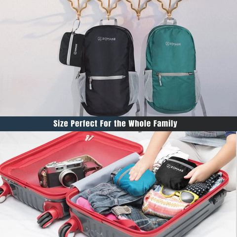 Ultra Lightweight 20L Packable Hiking Backpack For Men And Women, Black and green backpacks hanging, folded in suitcase