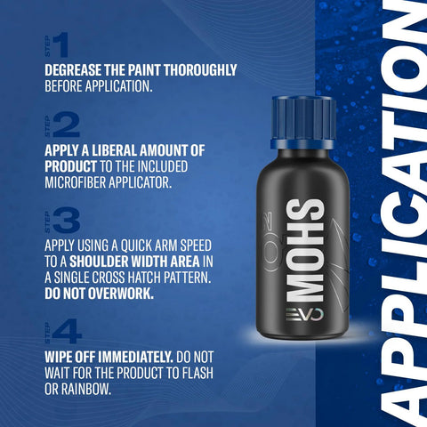 Front view of MOHS ceramic coating bottle with blue cap for automotive use