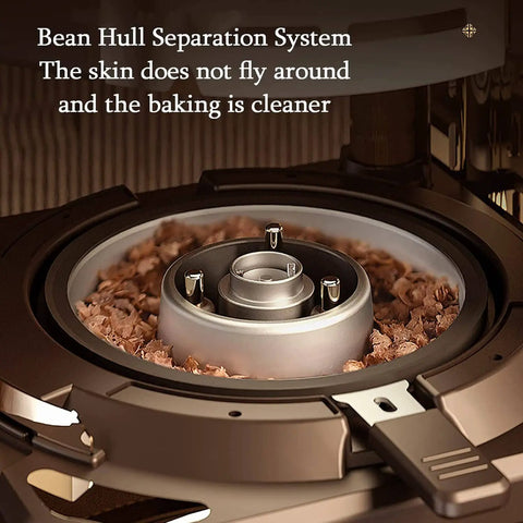 Close-up of Electric Coffee Roaster Machine With Three Roast Modes Eight Gear Settings showing bean hull separation system