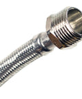 Close-up of Braided Stainless Steel Water Inlet Hose With Three Quarters Inch MGH To Three Quarters Inch FGH, One Foot, brass stem detail.