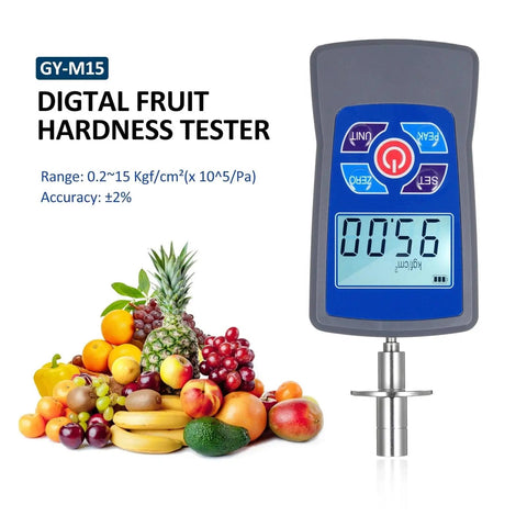 Big Time Digital Fruit Hardness Tester Meter Mini Penetrometer And Durometer Gauge For Pears Grapes And Oranges with display and fruits.
