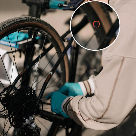 Person fixing bike with 96 Pcs Bike Tire Patches Not Self Adhesive Rubber Patch For All Inner Tubes Outdoor Cycling Road Emergency Repair Kit