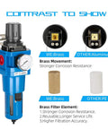 Smart 1 Inch NPT Compressed Air Filter Regulator Combo with 5 Micron Brass Element showing brass vs aluminum and PE components.
