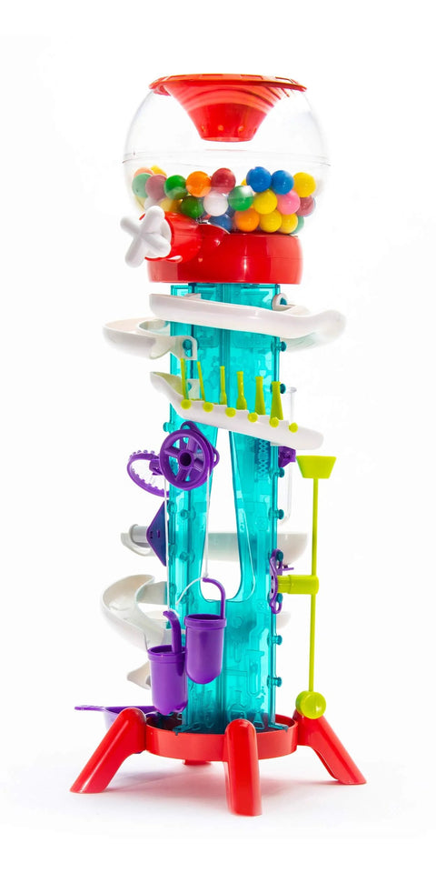 Thames and Kosmos Gumball Machine Maker toy; clear bubble top, colorful gumballs, blue central spine, red base.